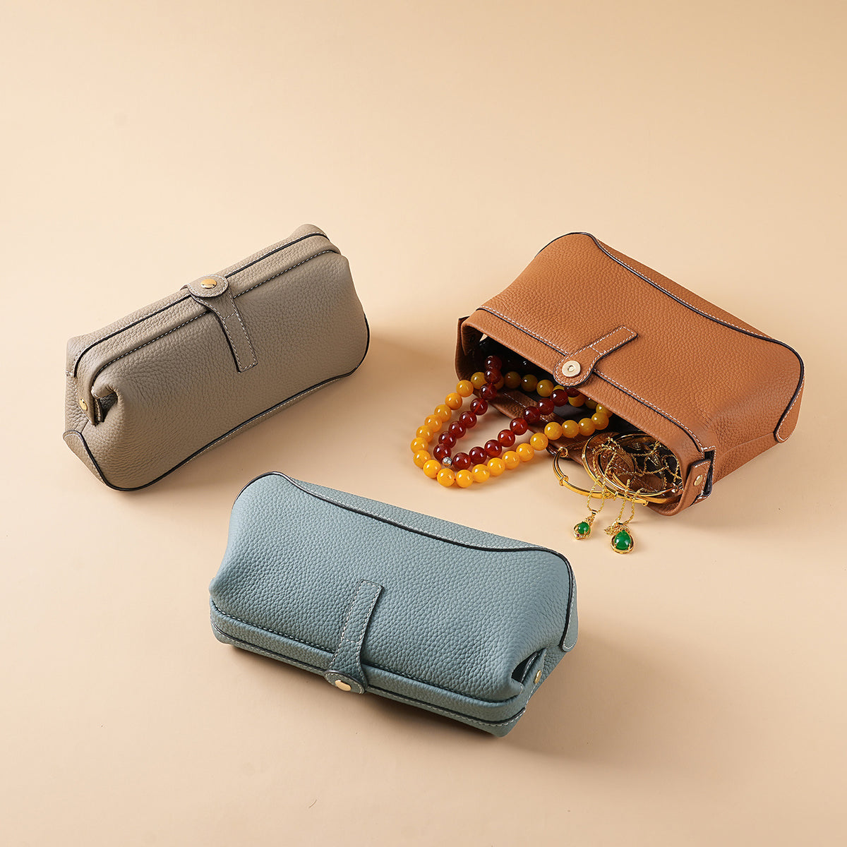 Women's Leather Cosmetic Bag with Wide Opening in Brown