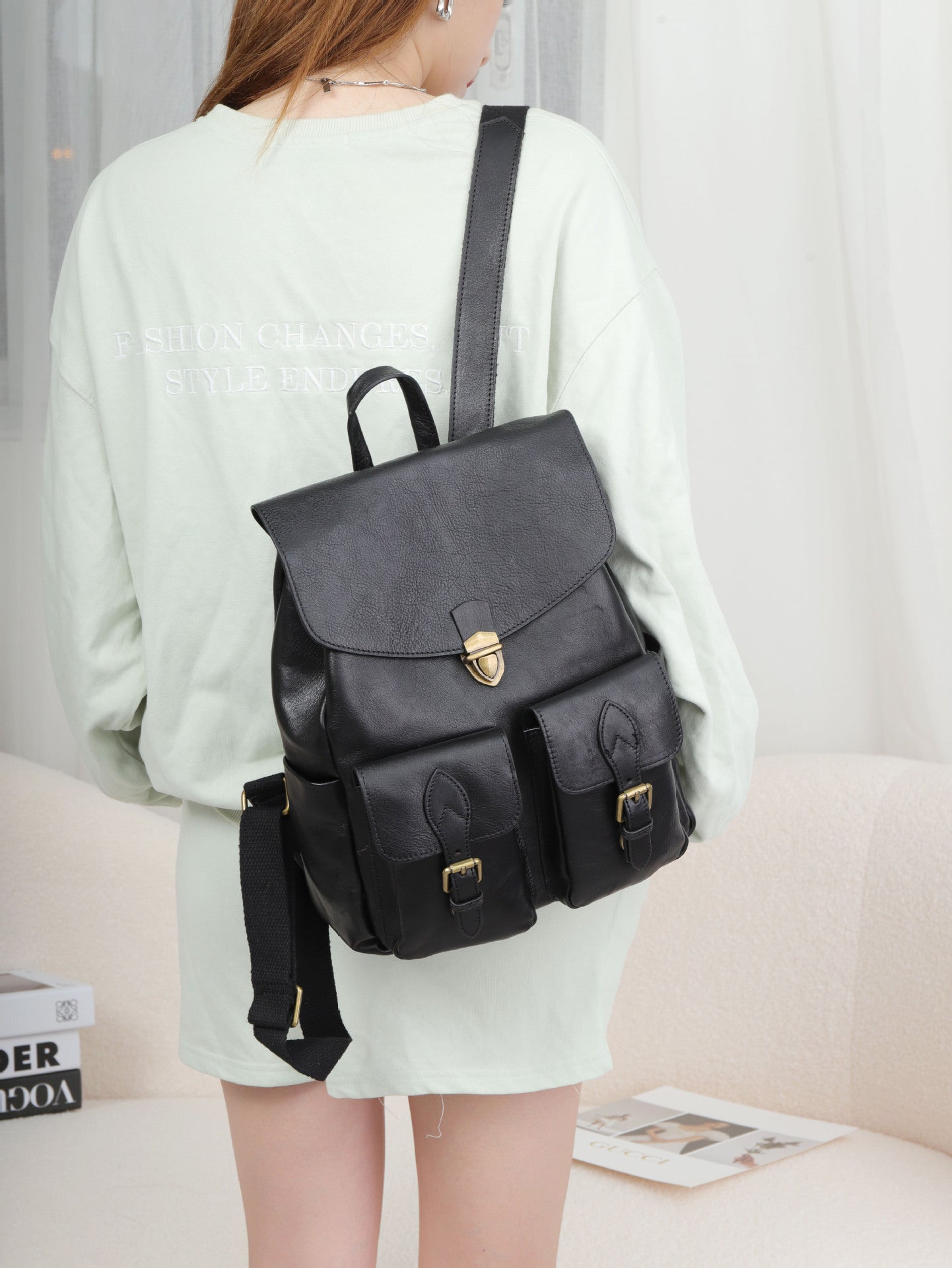 Women leather backpack laptop carry bag