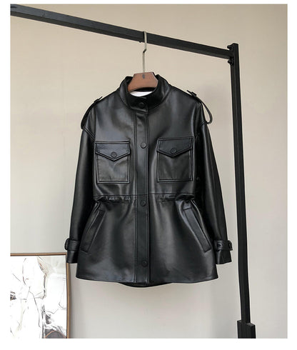 Women’s Petite Genuine Leather Coat Jacket