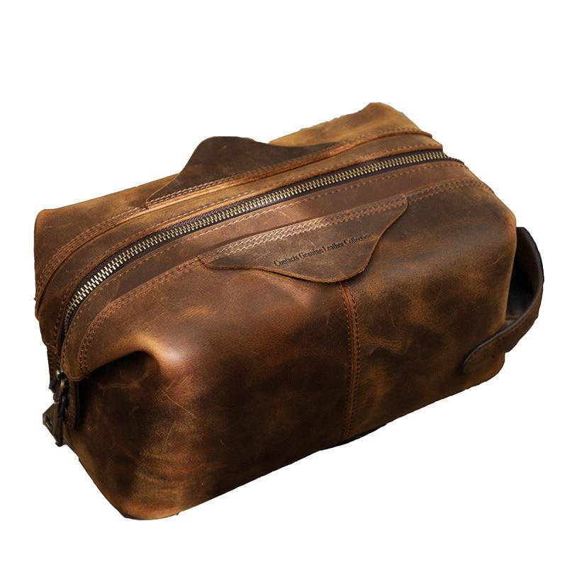 Men's Leather Toiletry Kit in Distressed Brown for Travel