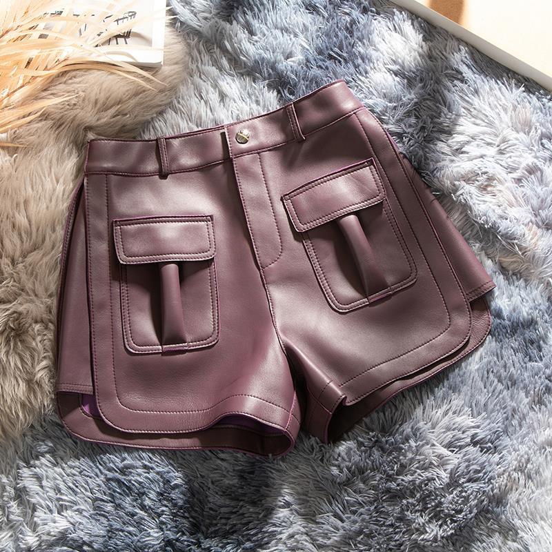 High waist burgundy sheepskin leather shorts