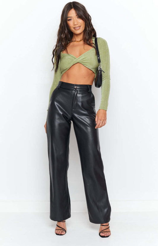 Women faux leather wide leg pants high waist