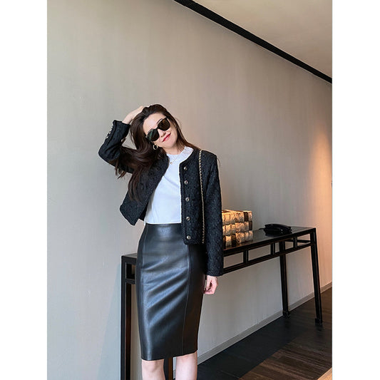 Black sheepskin bodycon midi skirt