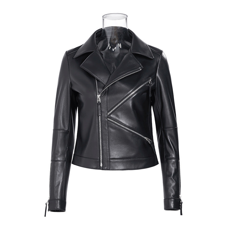 Petite women black slim fit leather jacket