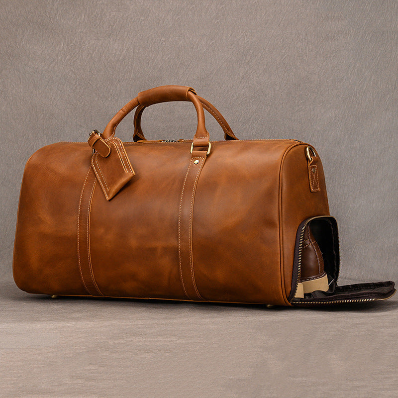 Leather weekender duffle bag with shoe compartment