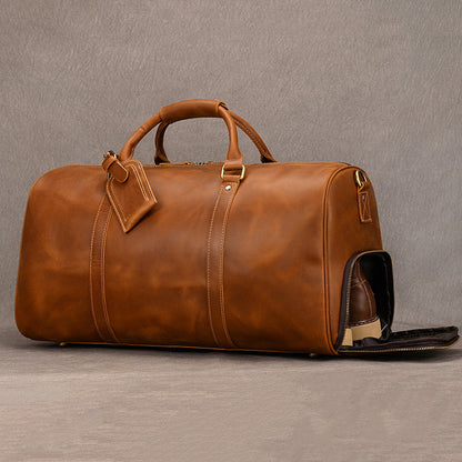 Leather weekender duffle bag with shoe compartment