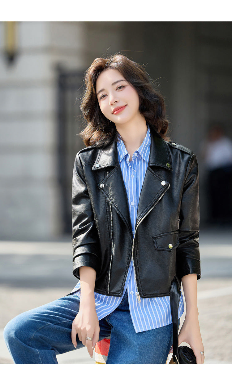 Women’s Genuine Leather Short Moto Jacket