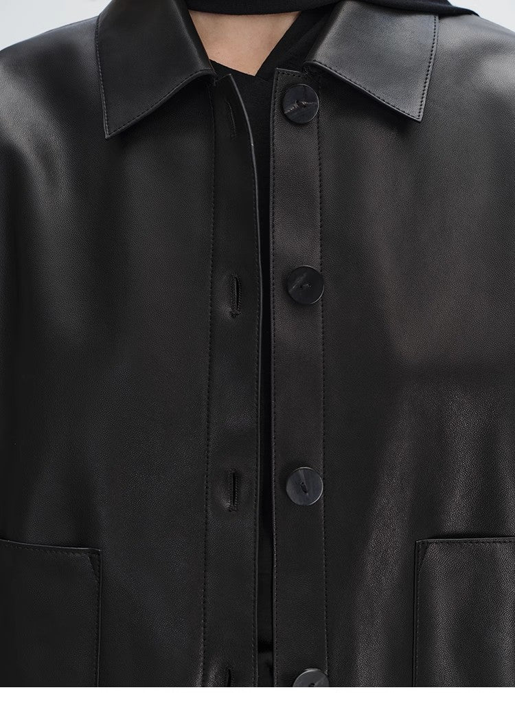 Women’s Genuine Sheepskin Black Leather Coat