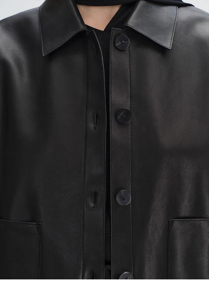 Women’s Genuine Sheepskin Black Leather Coat