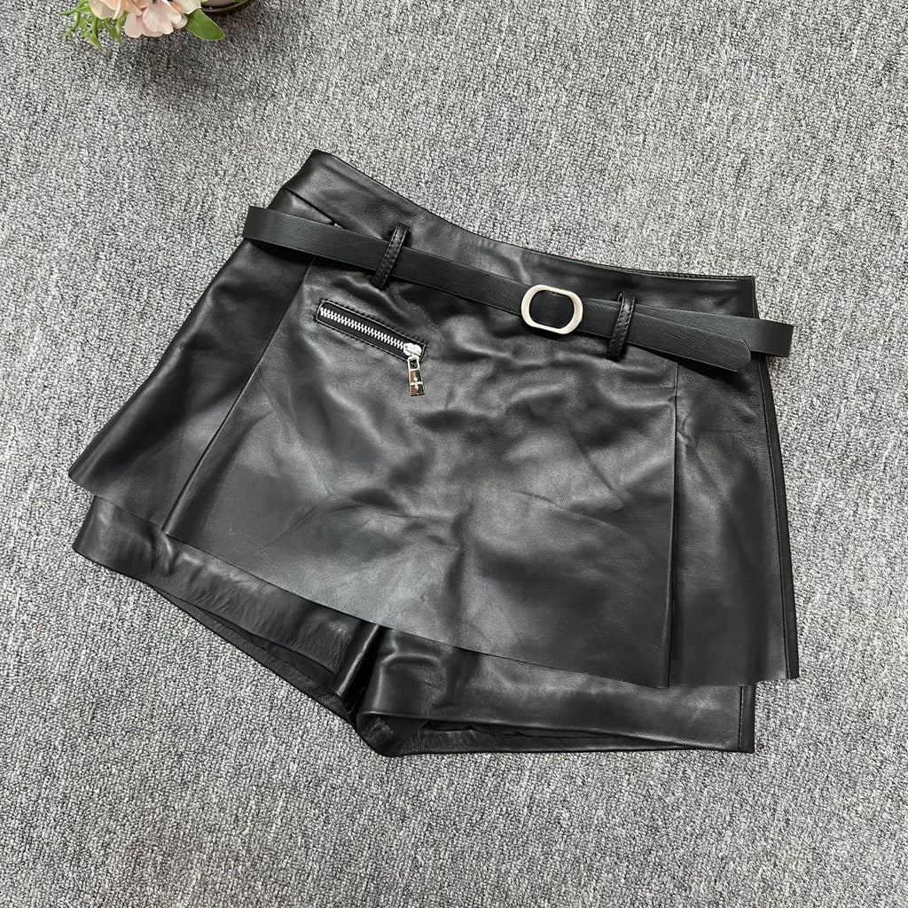 High waist black sheepskin leather skort shorts with belt