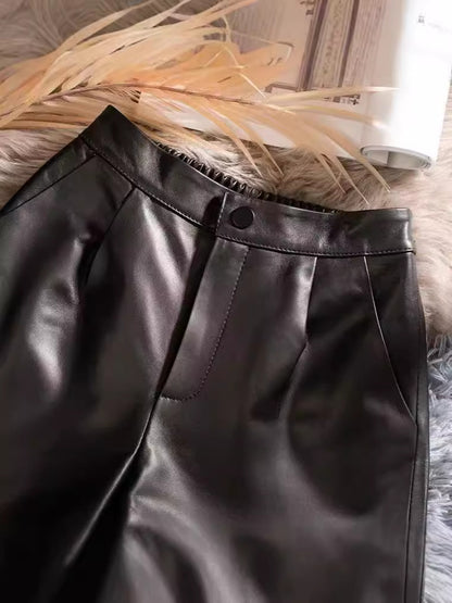Genuine sheepskin high waisted leather shorts