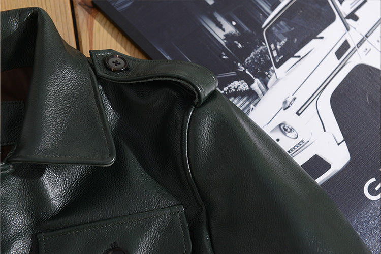 Men Green Tumbled Cowhide Military Leather Jacket