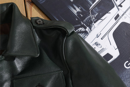 Men Green Tumbled Cowhide Military Leather Jacket