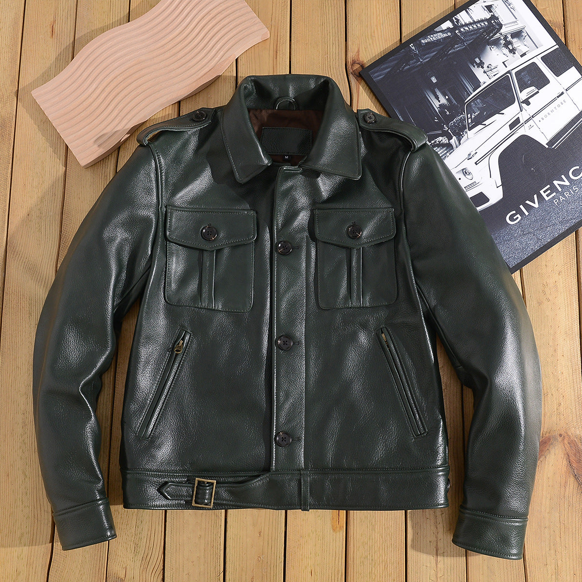 Men Green Tumbled Cowhide Military Leather Jacket