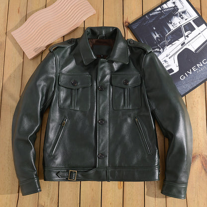 Men Green Tumbled Cowhide Military Leather Jacket