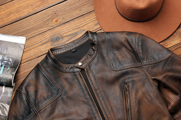Top-grain distressed leather biker jacket
