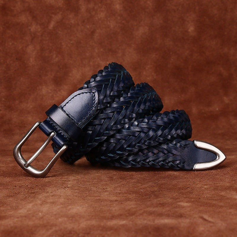 Womens Woven Belt in Top-Grain Leather with Pin Buckle