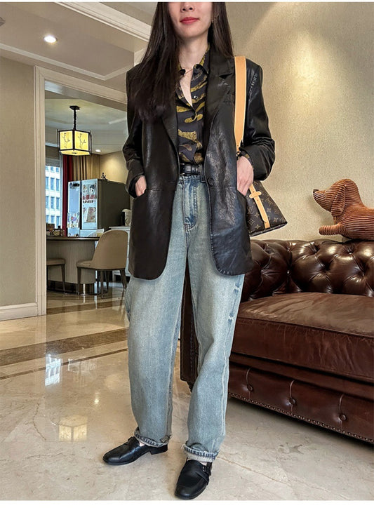 Women Oil-Waxed Loose Fit Genuine Leather Jacket