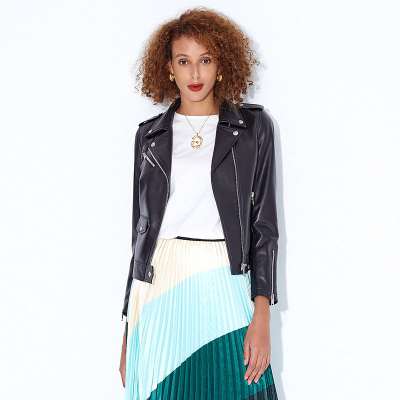 Slim fit women genuine leather biker jacket