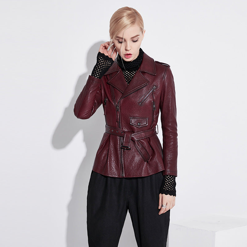 Wine red slim fit moto leather jacket