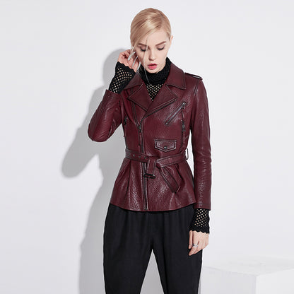 Wine red slim fit moto leather jacket