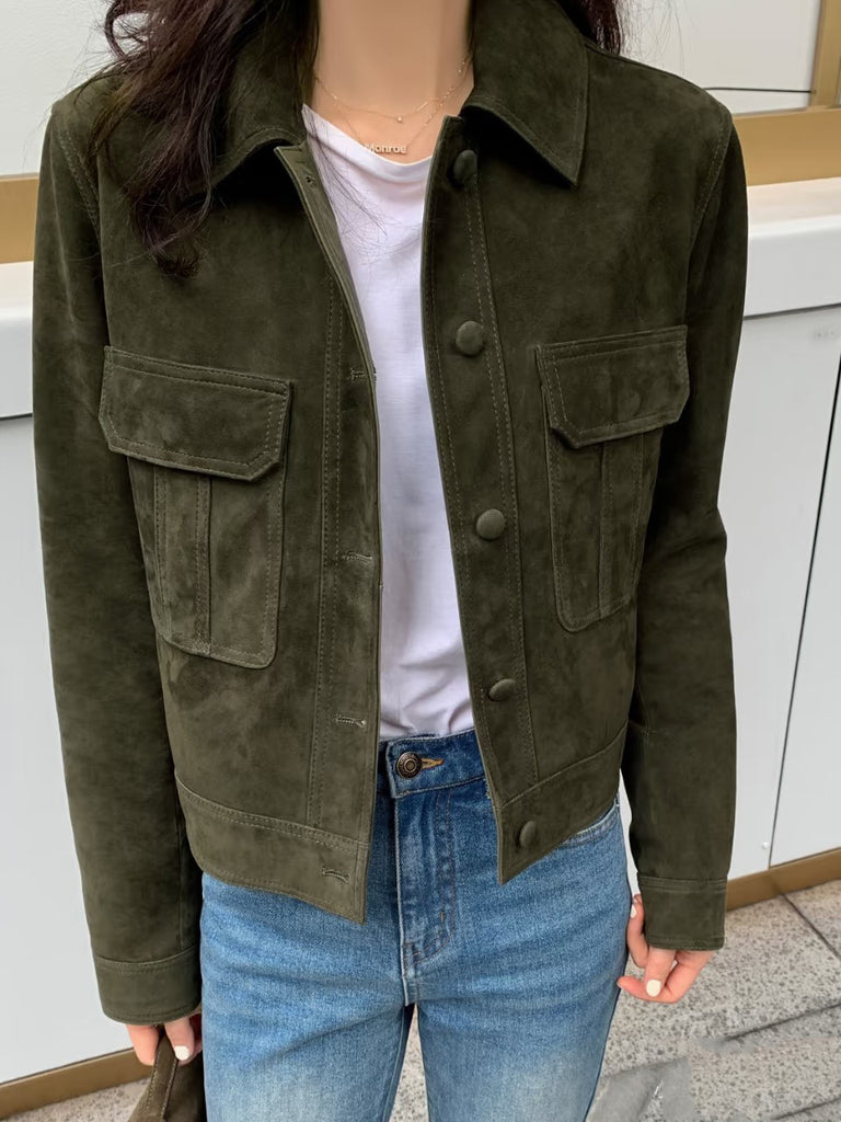Women's olive goatskin suede pocket jacket