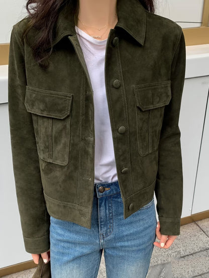 Women's olive goatskin suede pocket jacket