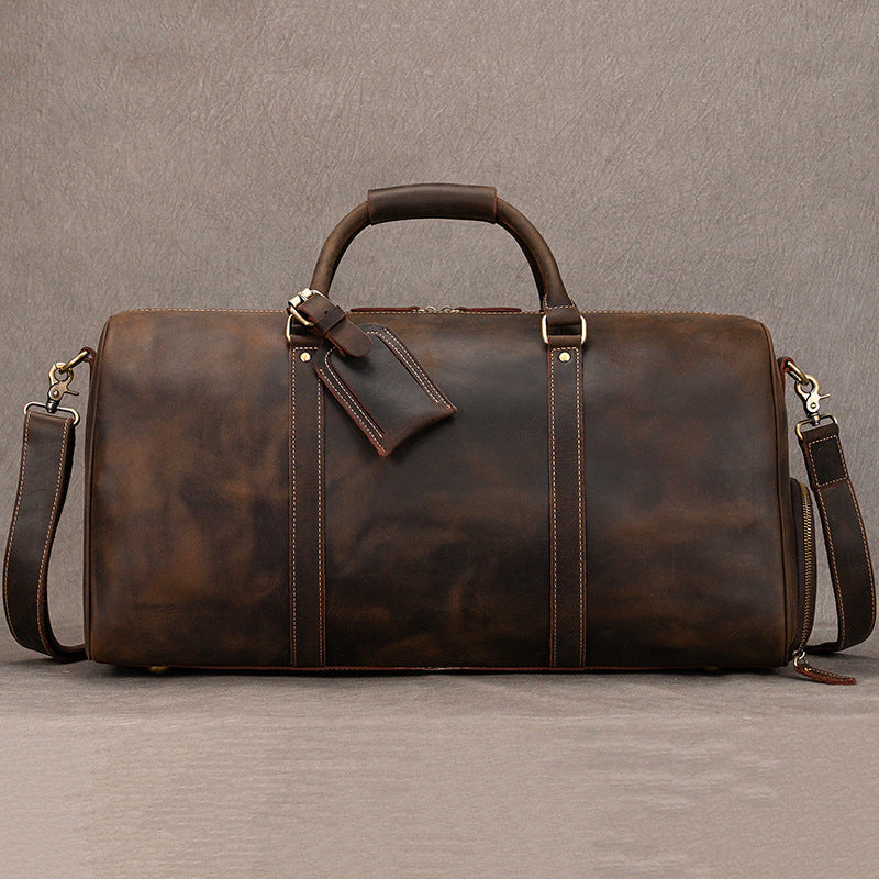Leather weekender duffle bag with shoe compartment