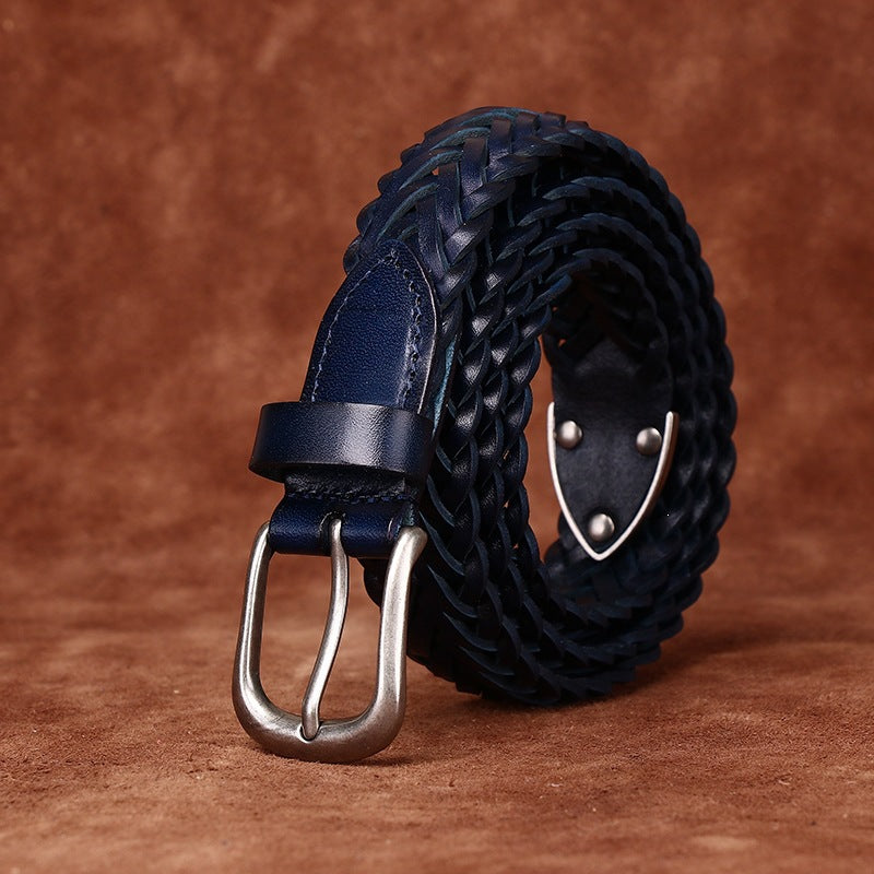 Womens Woven Belt in Top-Grain Leather with Pin Buckle
