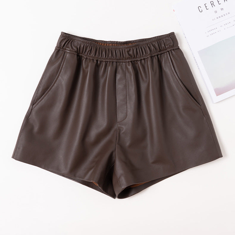 High waist genuine sheepskin leather wide leg shorts for women