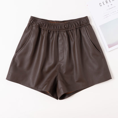 High waist genuine sheepskin leather wide leg shorts for women