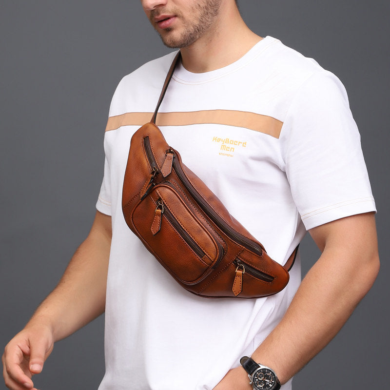 Vegetable tanned cowhide leather chest sling crossbody bag