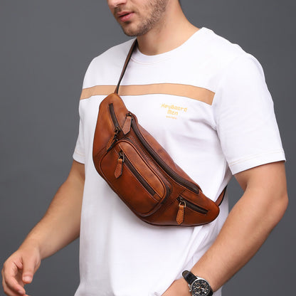 Vegetable tanned cowhide leather chest sling crossbody bag