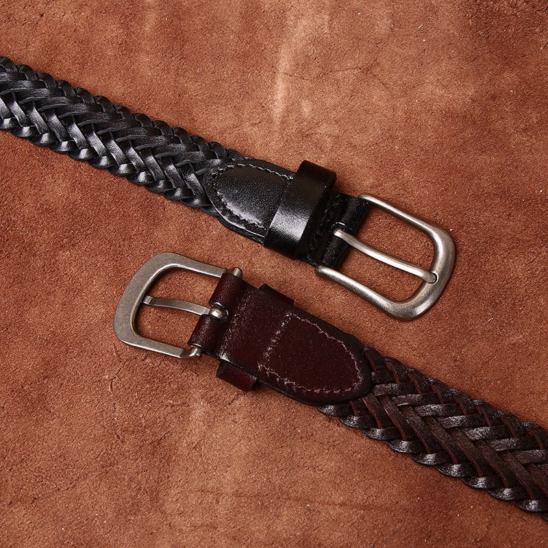 Womens Woven Belt in Top-Grain Leather with Pin Buckle