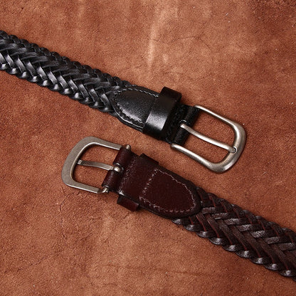 Womens Woven Belt in Top-Grain Leather with Pin Buckle