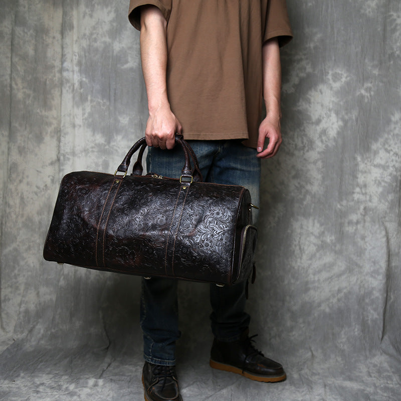 Leather weekender duffle bag with shoe compartment