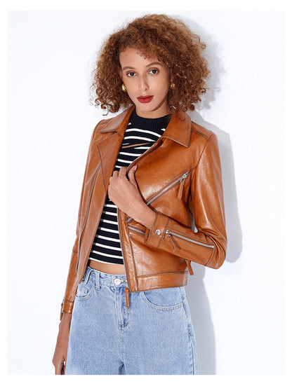 Petite women black slim fit leather jacket