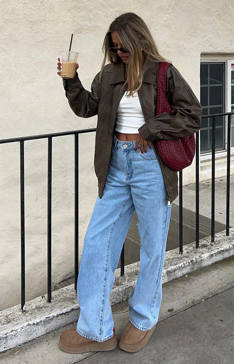 Women's Brown Oversized Faux Leather Jacket Loose Fit