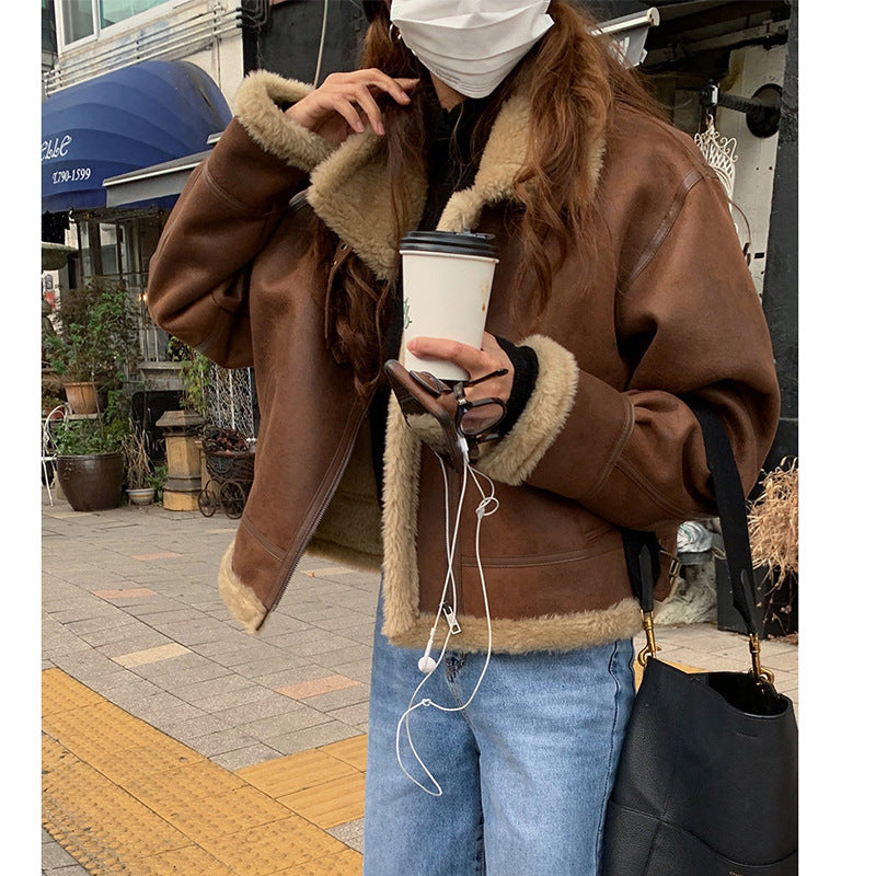 Women Brown Leather Aviator Jacket Oversized