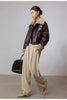 Women shearling collar oil-waxed down leather jacket