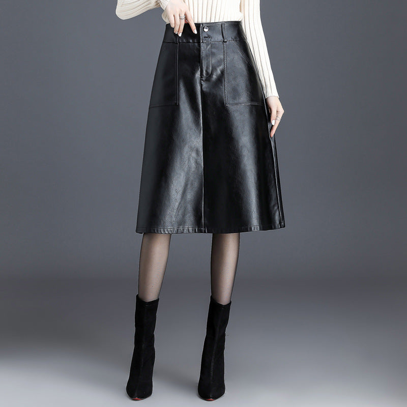 High Waist Faux Leather Midi Skirt A Line Women's