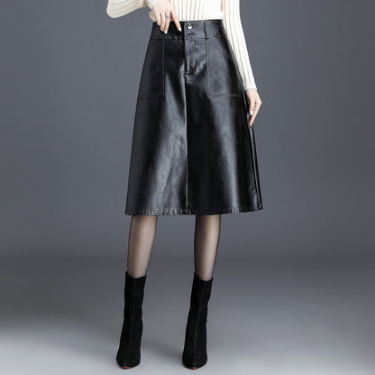 High Waist Faux Leather Midi Skirt A Line Women's