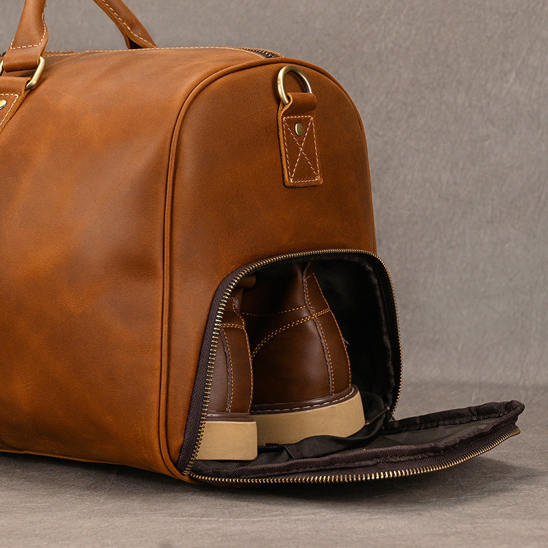 Leather weekender duffle bag with shoe compartment