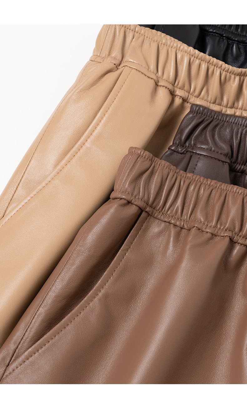 High waist genuine sheepskin leather wide leg shorts for women