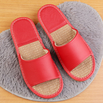 Women's Leather Slippers with Breathable Linen Insole for Indoor Wear