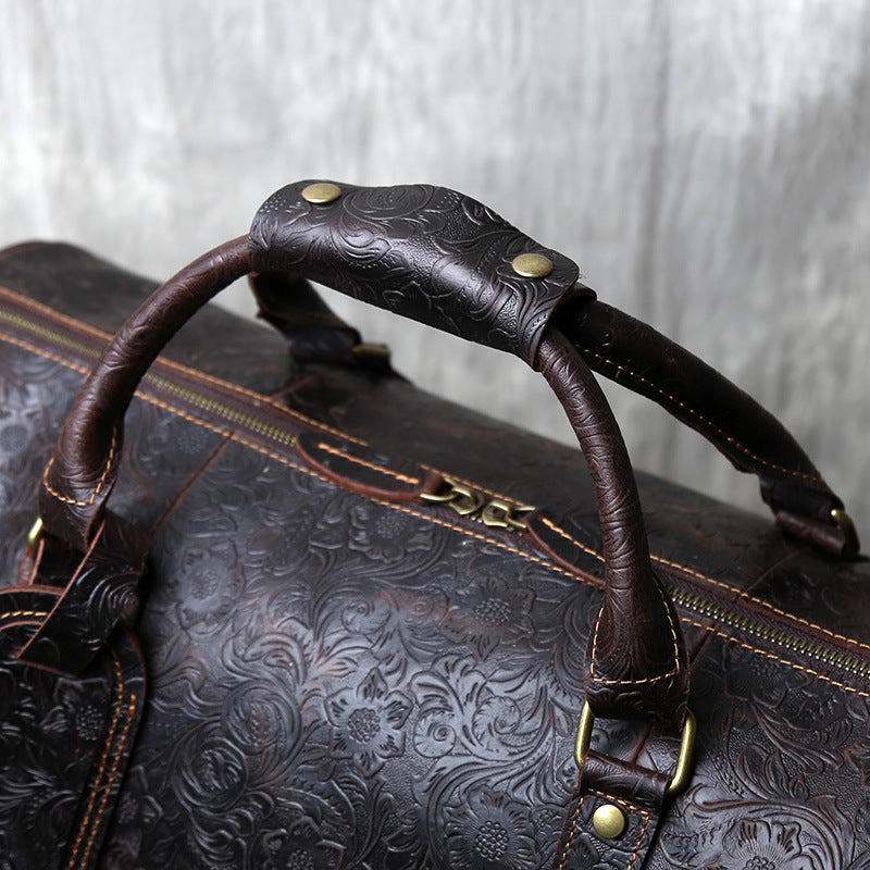 Leather weekender duffle bag with shoe compartment