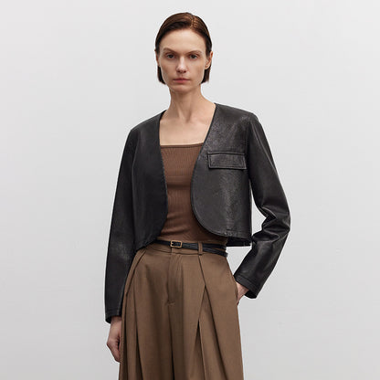 Super short cropped leather women's jacket