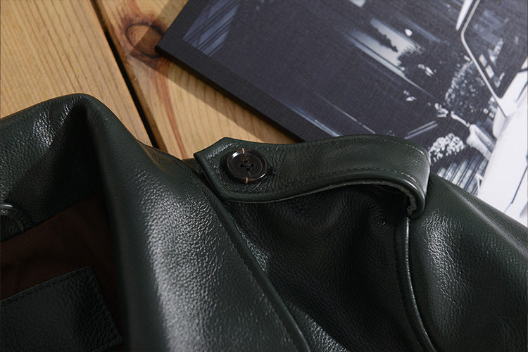 Men Green Tumbled Cowhide Military Leather Jacket