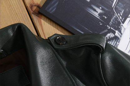 Men Green Tumbled Cowhide Military Leather Jacket