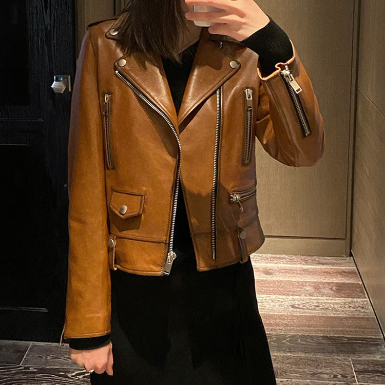 Women’s Brown Sheepskin Moto Leather Jacket